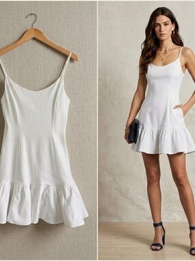 DO + BE White Ruffle Flounce Hem Mini Dress stretchy - Medium